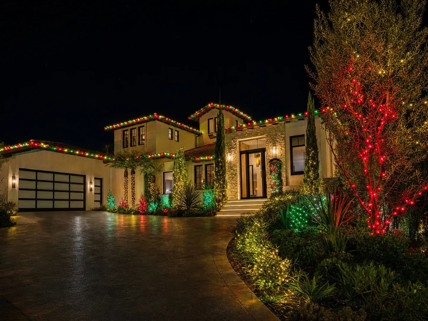 Modern home with colorful holiday lighting
