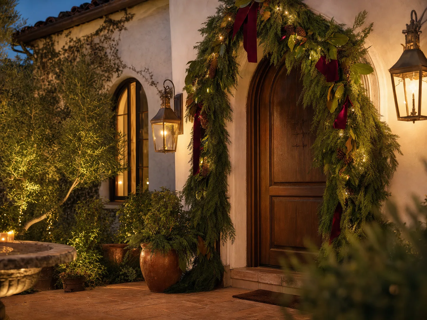 Holiday garland framing a Spanish-revival doorway