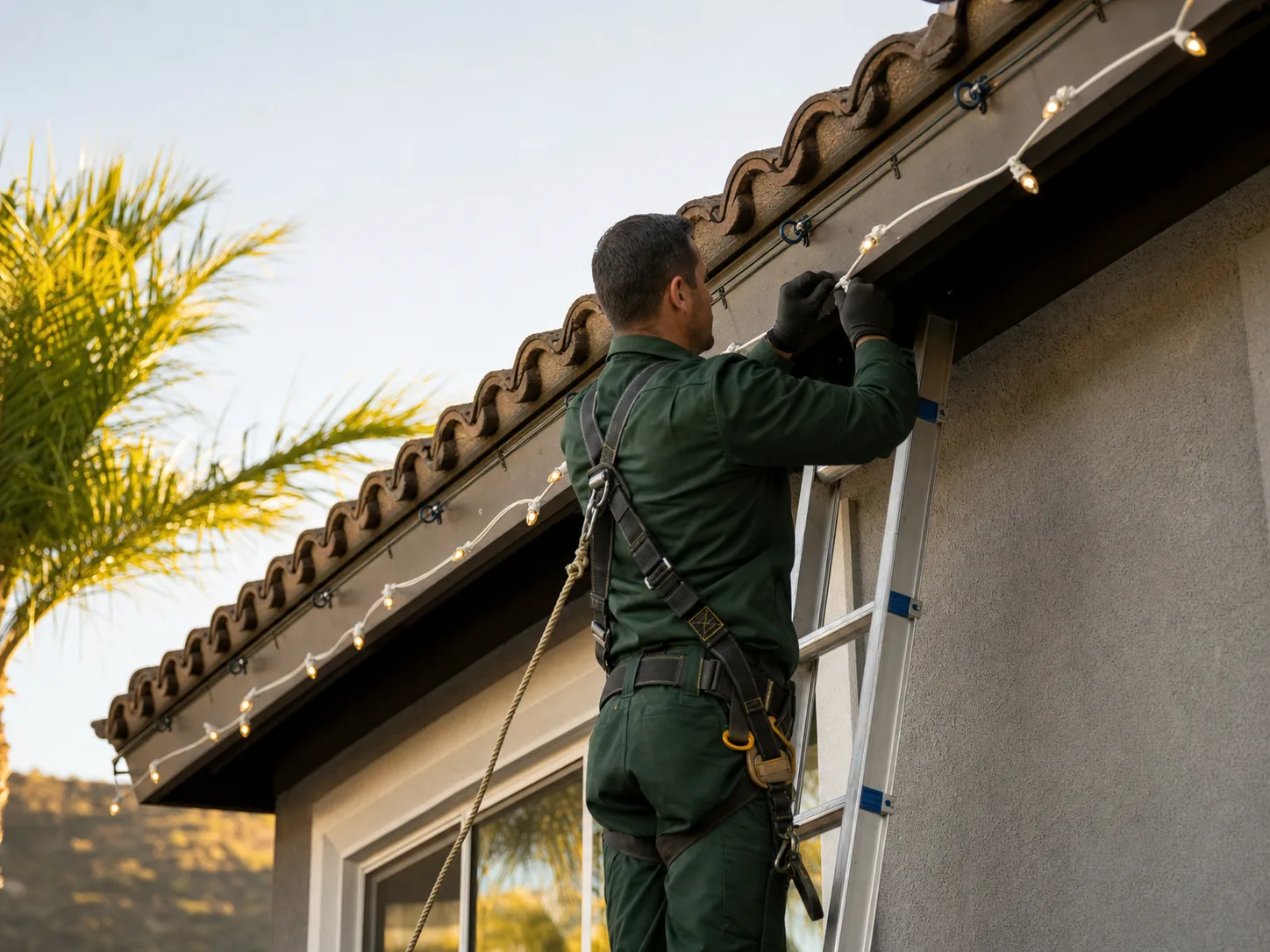 Professional technician securing roofline holiday lighting