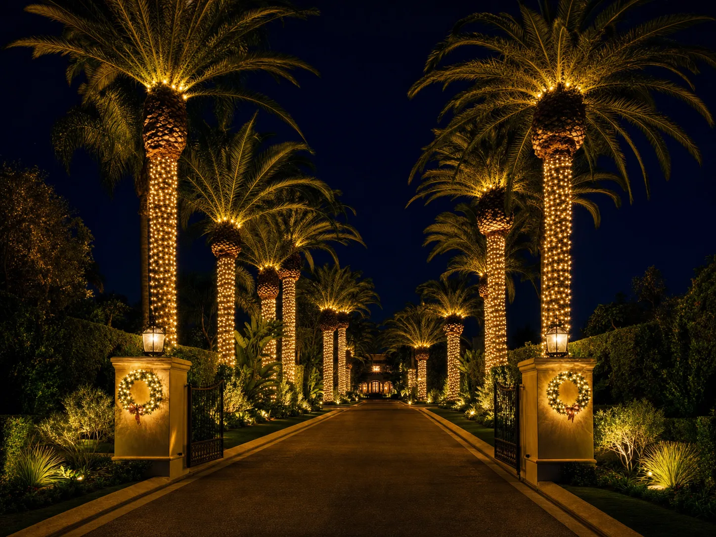 Palm-lined estate drive wrapped in warm holiday lights