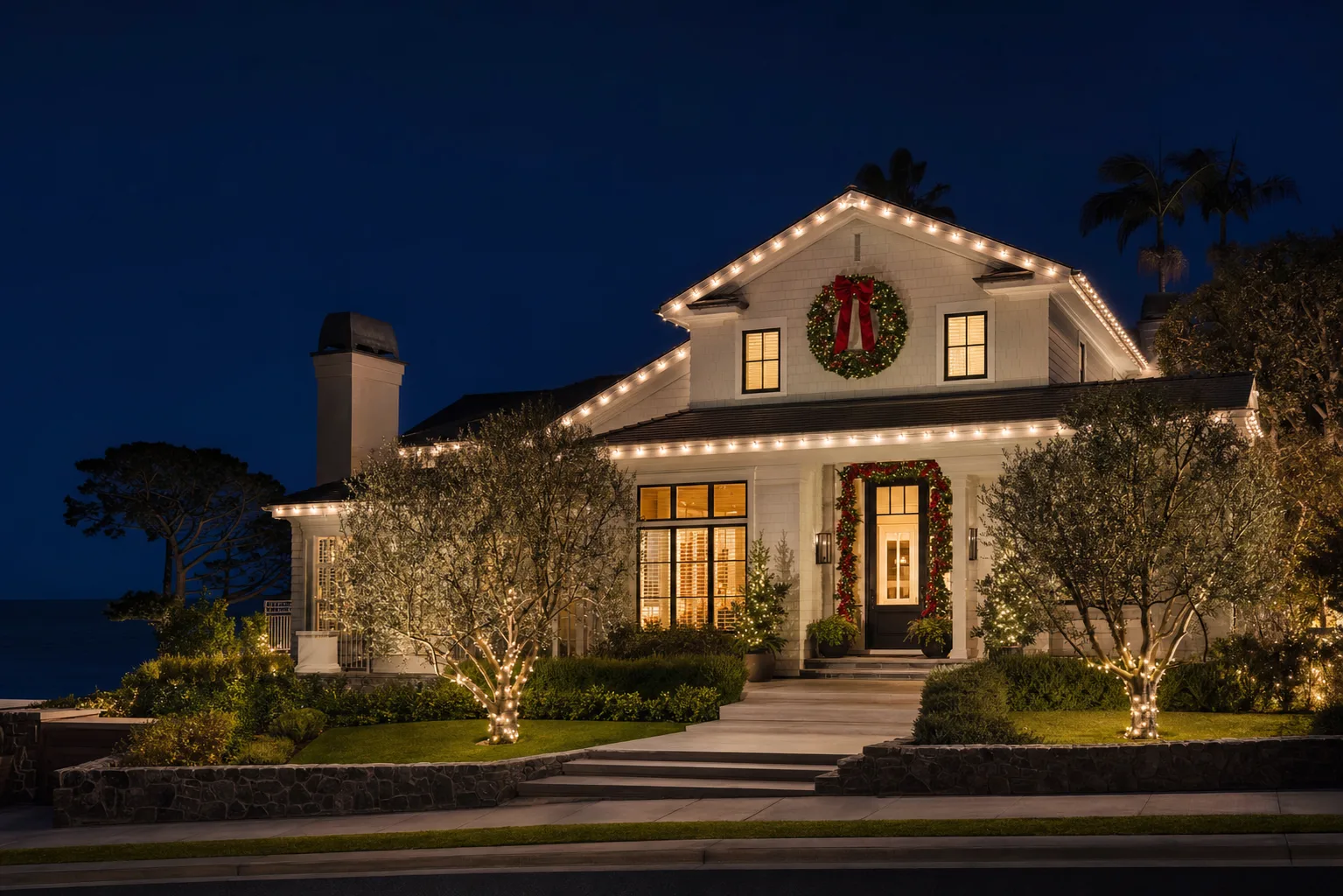 Coastal home with warm white roofline lights and holiday greenery